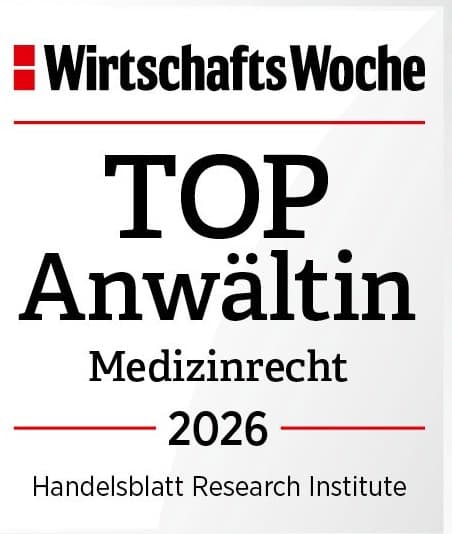 Siegel „WirtschaftsWoche – TOP Anwältin Medizinrecht 2026“, verliehen vom Handelsblatt Research Institute